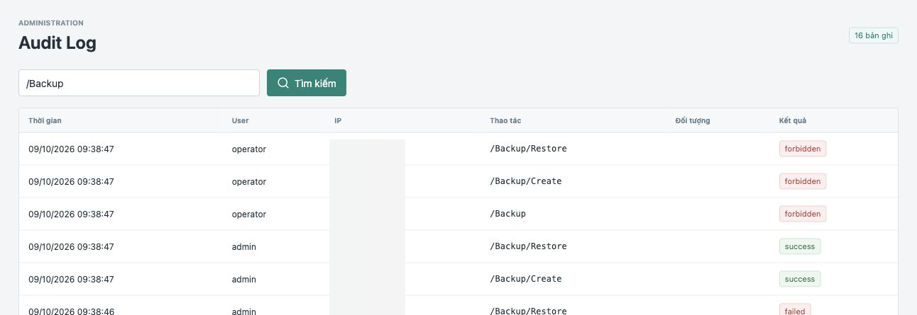 Audit Log với ô tìm kiếm và kết quả thao tác backup restore