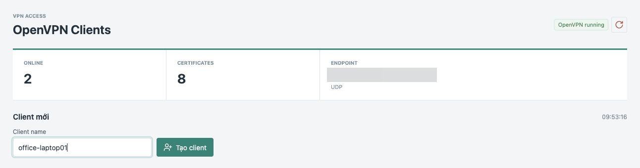 Trang OpenVPN Clients với ô Client name và nút Tạo client