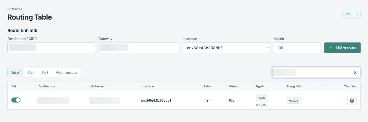 Routing Table với form route tĩnh, tìm kiếm và công tắc route đã quản lý