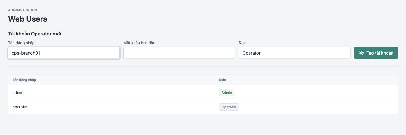 Web Users với tên đăng nhập, mật khẩu ban đầu và nút tạo Operator
